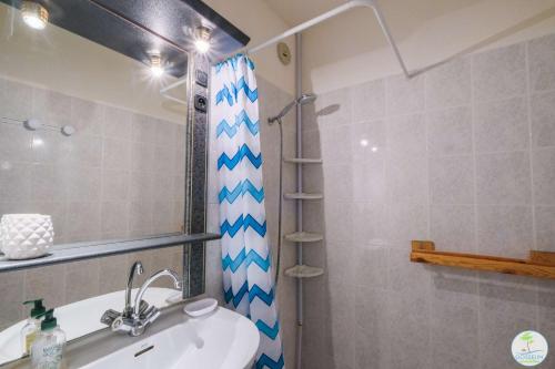 une salle de bain avec un lavabo et une douche dans l'établissement Appartement avec Terrasse pour 2 ou 4 personnes classé 1 étoile, à Biscarrosse