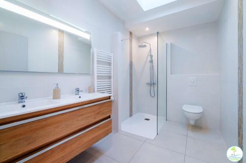 une salle de bain avec une douche, des toilettes et un lavabo dans l'établissement Biscarrosse Bourg Villa avec jardin classé 2 étoiles pour 6 personnes, à Biscarrosse