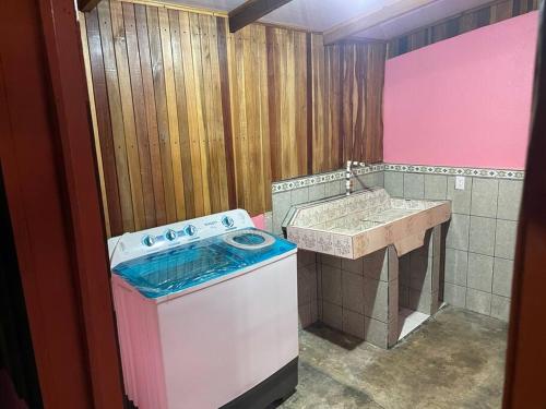 a bathroom with a washing machine and a sink at Casa Nativo Spring Arenal in Fortuna