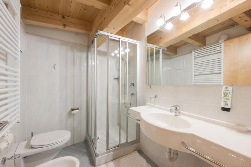 a bathroom with a shower and a toilet and a sink at Residence Reisenschuh in Vipiteno