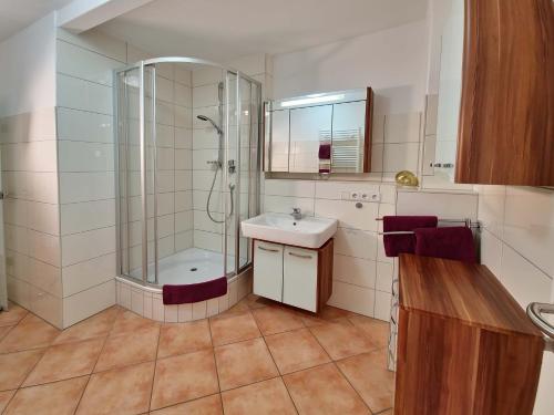 a bathroom with a shower and a sink and a mirror at ADORIS FERIENWOHNUNGEN auf der Lindauer Insel in Lindau
