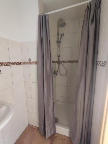 ein Bad mit Dusche und Duschvorhang in der Unterkunft AlteFeuerwache #2 in Husum