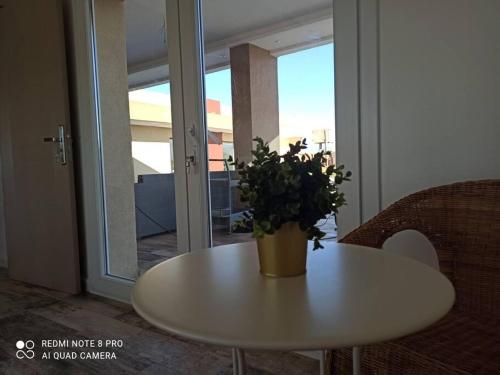 a white table with a potted plant on top of it at Bienvenu chez VillAtlas in Marrakech