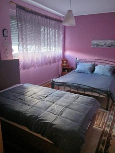 1 Schlafzimmer mit 2 Betten und einer lila Wand in der Unterkunft Village perfume in Kalavryta