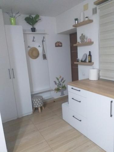 cocina con armarios blancos y suelo de madera en Fully Furnished Studio en Sighetu Marmaţiei