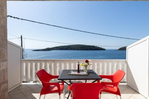 a table and chairs on a balcony with a view of the ocean at House Rasica in Molunat