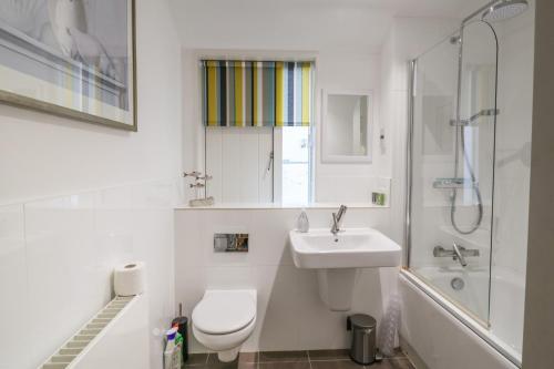 a bathroom with a toilet and a sink and a shower at Skylark in Southwold