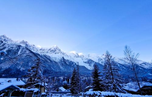 une chaîne de montagnes enneigée avec des maisons et des arbres dans l'établissement 