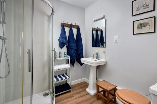 W łazience znajduje się prysznic i umywalka. w obiekcie Garden flat near Goodwood with stunning views w mieście Petersfield