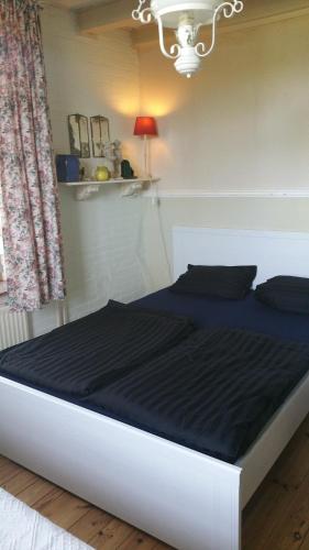 Un dormitorio con una cama con sábanas azules y una lámpara de araña. en Oude woonboederij/old farmers house/typ. NL-Bauernhaus, en Zeddam