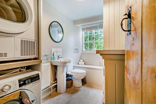 a small bathroom with a toilet and a sink at Horseshoe Cottage in Lower Swell