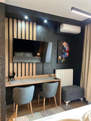 a room with a desk with two chairs and a tv at THE GATES 105 in Sajmište