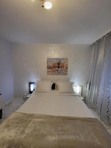 um quarto branco com uma cama grande e almofadas brancas em Luny apartment em Ruse