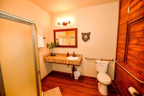 a bathroom with a toilet and a sink and a mirror at Black Forest Lodge in Big Bear Lake