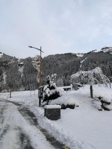 a snow covered road with a street light and a tree at Hôtel la Kinkerne in Morzine