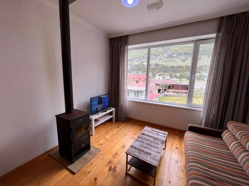 a living room with a wood stove in front of a window at svaneti apartment's in Mestia