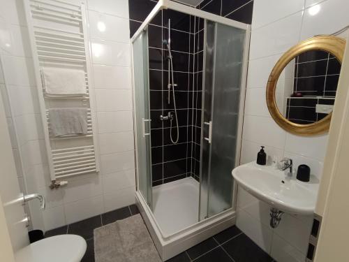 a bathroom with a shower and a toilet and a sink at Apartman Tino in Zagreb