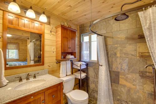 a bathroom with a toilet sink and a shower at Cozy Easton Cabin on the Yakima River! in Pine Glen