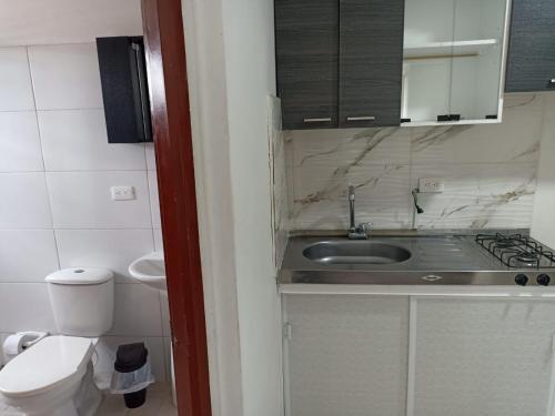 ein kleines Bad mit einem Waschbecken und einem WC in der Unterkunft hotel koral palmira in Palmira