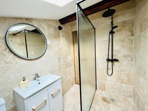 uma casa de banho com um chuveiro, um lavatório e um espelho. em Le Faubourg ! Appartement Type 3 em Nancy