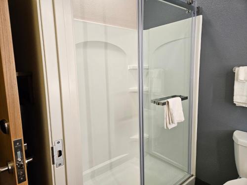 y baño con ducha y puerta de cristal. en Extended Stay America Premier Suites - Boise - Meridian, en Meridian