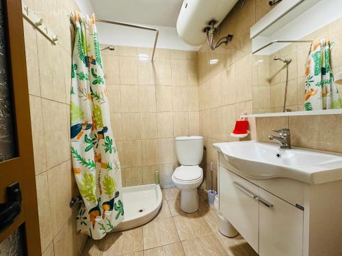 a bathroom with a toilet and a sink and a shower curtain at Urban Life Tirana- Economy Rooms in Tirana