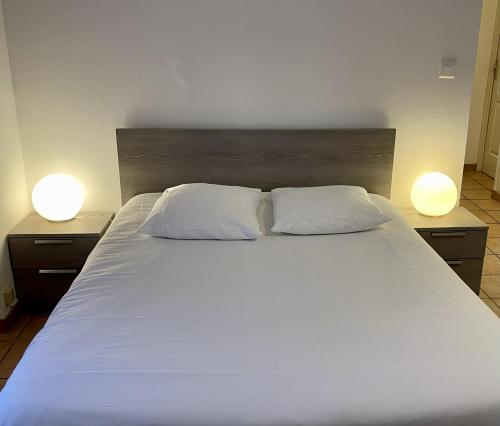 a large white bed with two lamps on the sides at Appartement le Paul Bert Auxerre Les Quais 2 personnes in Auxerre