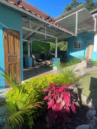 Ein blaues Haus mit einem Haufen Pflanzen im Hof. in der Unterkunft Cabaña Don Chacon in Paso Ancho