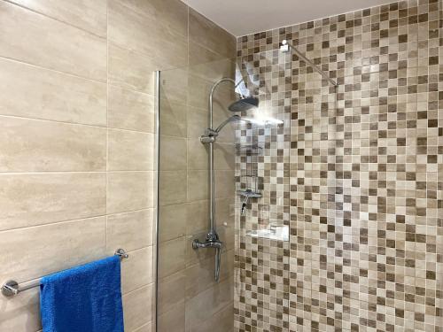 La salle de bains est pourvue d'une douche et d'une serviette bleue. dans l'établissement Winter Wonderland, à Puerto de Santiago