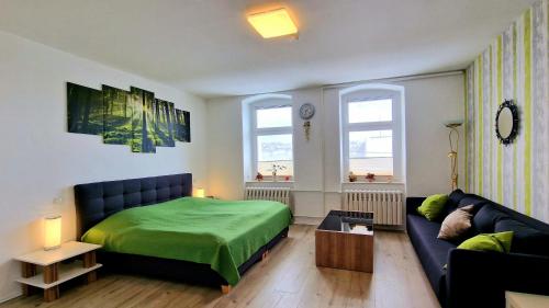 a bedroom with a green bed and a couch at Fewo Peter Erholungsort Bärenstein in Bärenstein