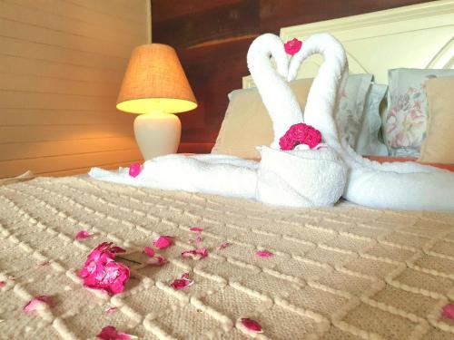 two swans made out of roses on a bed at Rancho das Neves - Rancho Queimado - SC in Rancho Queimado