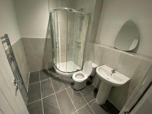 a bathroom with a shower and a toilet and a sink at Entire 1x Bed flat in Bolton