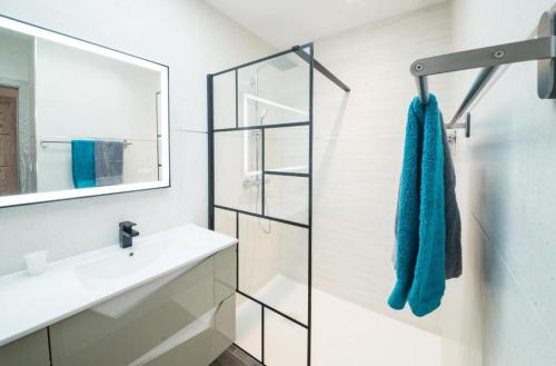 ein Bad mit einem Waschbecken und einer Glastür in der Unterkunft Villa Plain-Pied Vue Mer in Lanildut