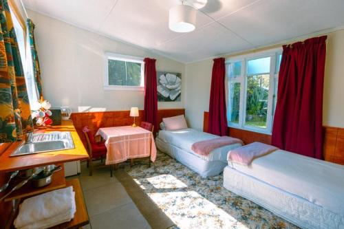 1 dormitorio con 2 camas, escritorio y lavamanos en Brunnerton Lodge and Backpackers, en Greymouth