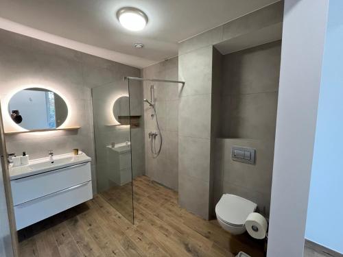 y baño con ducha, aseo y lavamanos. en Separate Room in a New Townhouse in Warsaw, en Varsovia