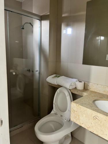uma casa de banho com um chuveiro, um WC e um lavatório. em BED BED HOTEL CORREGIDORA em Torreón