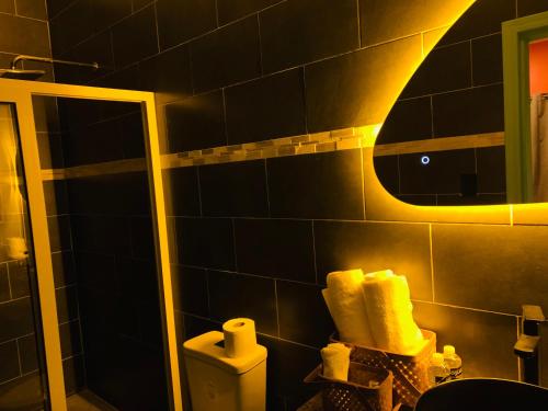 een badkamer met een toilet en een spiegel bij Cabañas LuMa in Guanteque