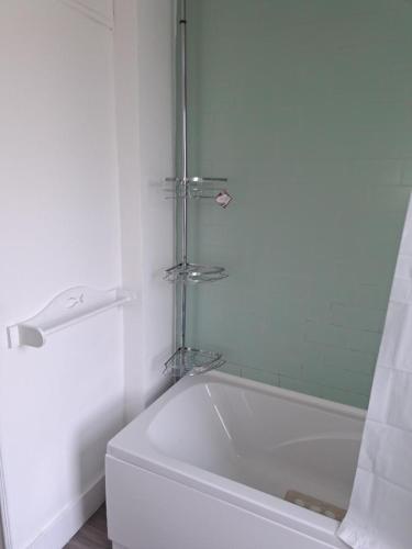 a white bath tub in a bathroom with a shower at Single Bedroom near London Seven Kings Train Station in Seven Kings