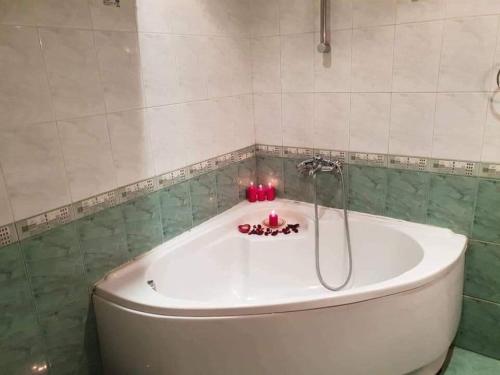 eine Badewanne in einem grünen und weißen Badezimmer in der Unterkunft Guest House Karov - 2 Stars in Tschepelare