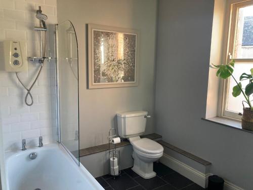 a bathroom with a toilet and a bath tub at Stylish Flat in Yeovil Somerset in Yeovil