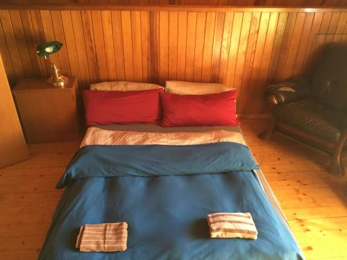 a small room with a bed with blue sheets and red pillows at Sunnehof in Kleines Wiesental