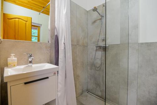 a bathroom with a shower and a sink at Apartamentai Gėlių Vila in Nida
