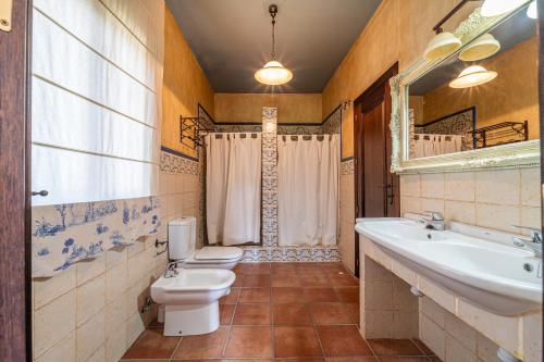 ein Badezimmer mit Toilette, Waschbecken und Spiegel in der Unterkunft Hacienda San Marcos in Baena