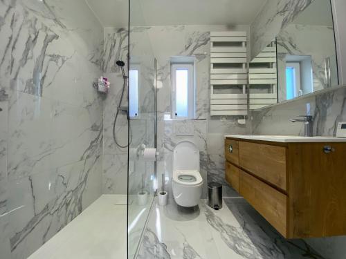 uma casa de banho com um WC e uma cabina de duche em vidro. em Bella Vie, rust en ontspanning em Haacht