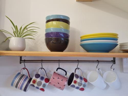 a wooden shelf with bowls and cups and a plant at Appartement 4 personnes Lac d'Annecy in Lathuile