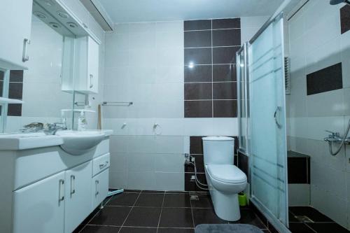 a bathroom with a toilet and a sink and a shower at Eşsiz manzarali daire in Istanbul