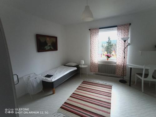 a bedroom with a bed and a window and a rug at Lagfors128 in Ljustorp