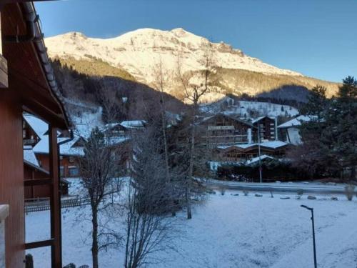 a snow covered town with a mountain in the background at Les contamines Montjoie 1 CHAMBRE 4 personnes in Les Contamines-Montjoie
