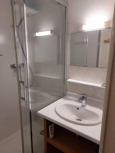 une salle de bain avec un lavabo et une douche avec un miroir dans l'établissement Les contamines Montjoie 1 CHAMBRE 4 personnes, aux Contamines-Montjoie