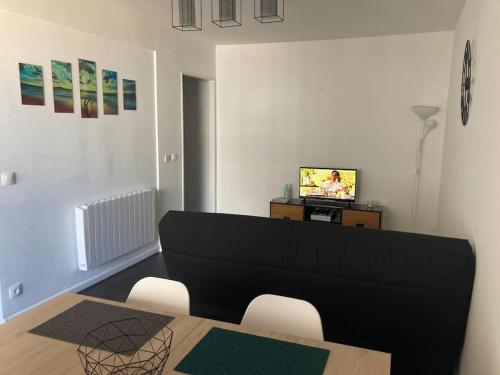 uma sala de estar com um sofá, uma mesa e uma televisão em Appartement 41m2 wifi, climatisé : La Grande Motte em La Grande-Motte